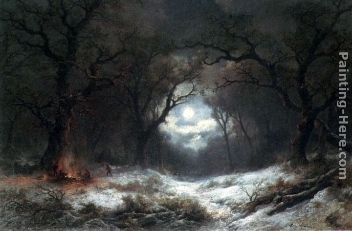 A Moonlit Winter Landscape painting - Remigius Adriannus van Haanen A Moonlit Winter Landscape art painting